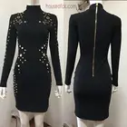 Cheap black high neck bodycon dress long sleeve 2017 spring sexy women bandage dress vintage vestido short cocktail party dresses