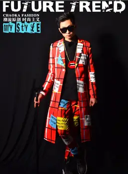 

Nightclub male singer right chi dragon GD Dancer team DJ red line long suit bar costumes accessories stage dress coat