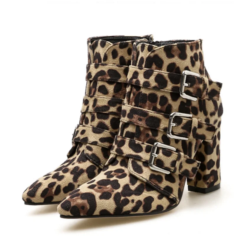 

Fashion Leopard Print Women's Ankle Boots 2018 New Arrival Zip Pointed Toe Shoes Square heel Buckle Females Botas