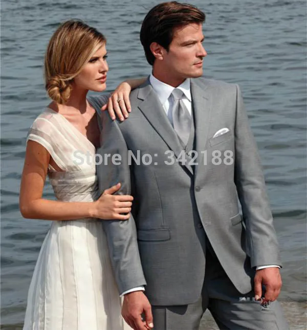 FREE SHIPPING/High quality Light grey Two buttons Notch Lapel Groom Tuxedos Groomsmen Men Wedding Suits Best man Suitswedding me