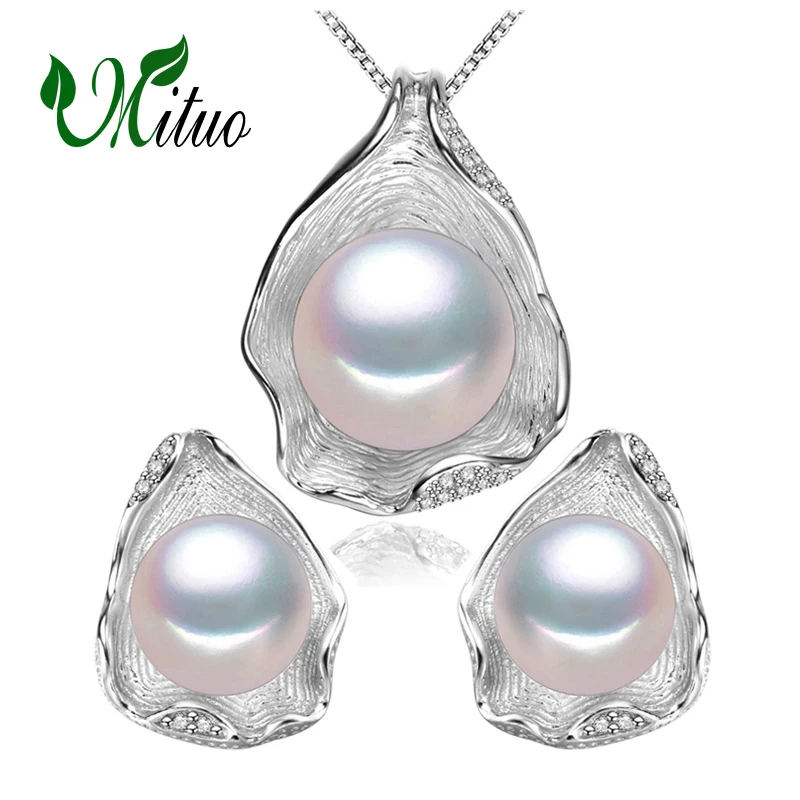 

MITUO Pearl Jewelry sets 925 Sterling Silver stud earrings,natural Pearl leaf necklace for women love Cloisonne earrings ring