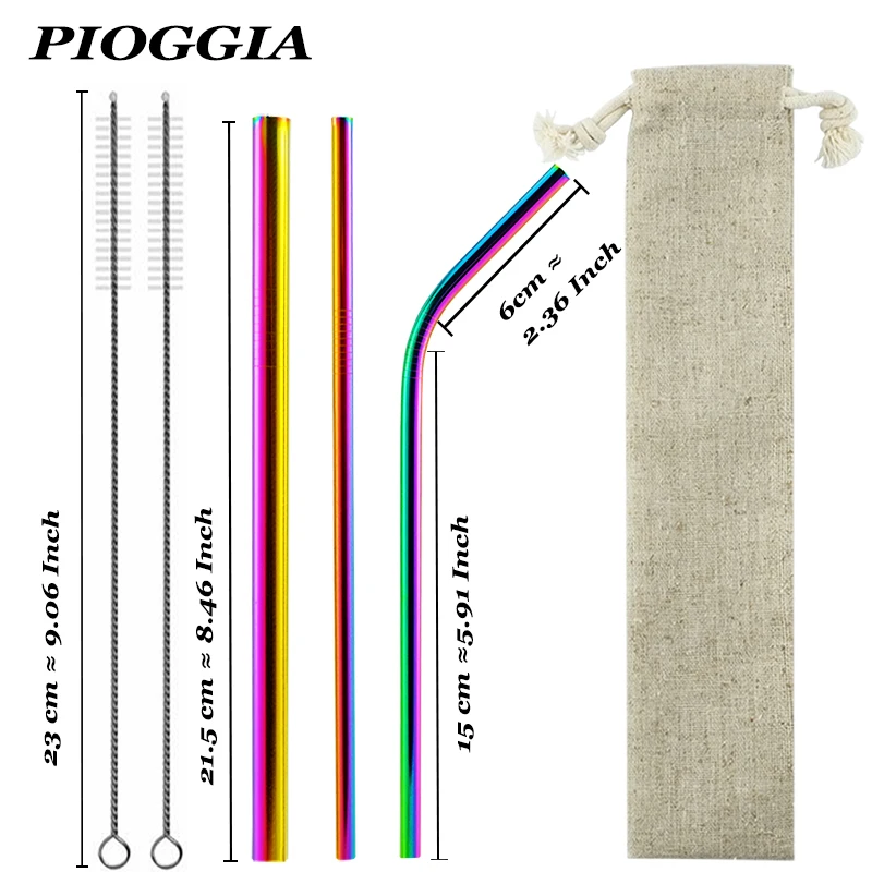 6 шт многоразовые 304 нержавеющая сталь Радужная соломинка Металл смузи питьевой прямые соломинки силиконовый чехол с кистью мешок
