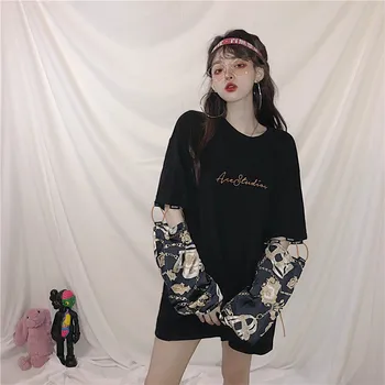 

NiceMix Women Plus Size Sweatshirt Loose Long Hoodies Harajuku Tops 2019 Letter Embroidery Chiffon Sleeve Patch Shirt Gothic New