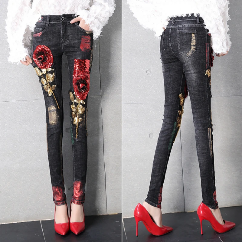 Женские джинсы с вышивкой в виде красной розы, с высокой талией, с бусинами, обтягивающие джинсы на осень и зиму, модные бронзовые джинсовые брюки-карандаш