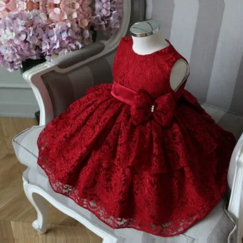 

Elegant Baby Girl Dress Fashion Red Lace Bow Sleeveless Party Tulle Dress Flower Girl Wedding Dresses Birthday Ball Gown