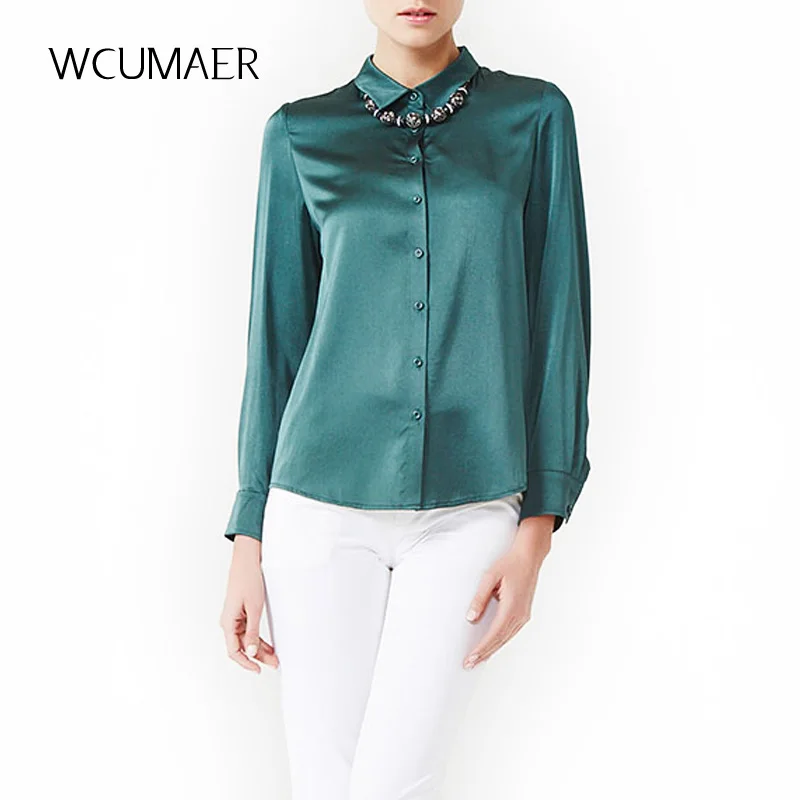 The satin surface dark green shirt female new autumn Lapel OL Europe