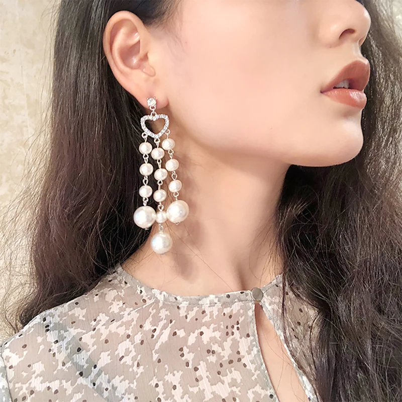 

Fashion Heart Drop Earrings for Women Simulated Pearl Pendant Long Tassel Dangle Earrings Rhinestone Korean Earrings Jewelry