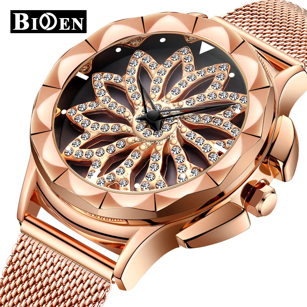 

BIDEN Womens Watches Luxury Rose Gold Diamond Ladies Wristwatches Stainless Steel Mesh Belt Citizen Movement Waterproof Clocks