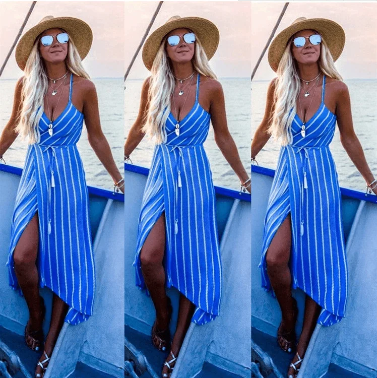 Pío Auto Millas Vestidos 2019 vestido de verano azul Casual para mujer Vestidos largos con  cinturón para mujer vestido estampado de mujer moda playa vestido femenino  - AliExpress Ropa de mujer