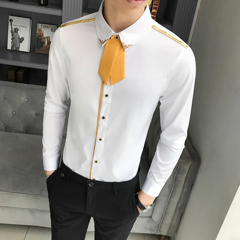 Мужские рубашки с отстегивающимся галстуком длинным рукавом Slim Fit мужской