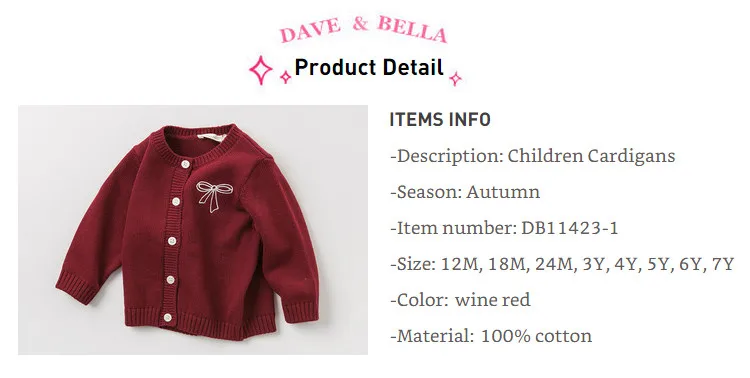 DB11423-1 dave bella/осенний Модный Кардиган для маленьких девочек; пальто для малышей; детский однотонный вязаный свитер с милым бантом