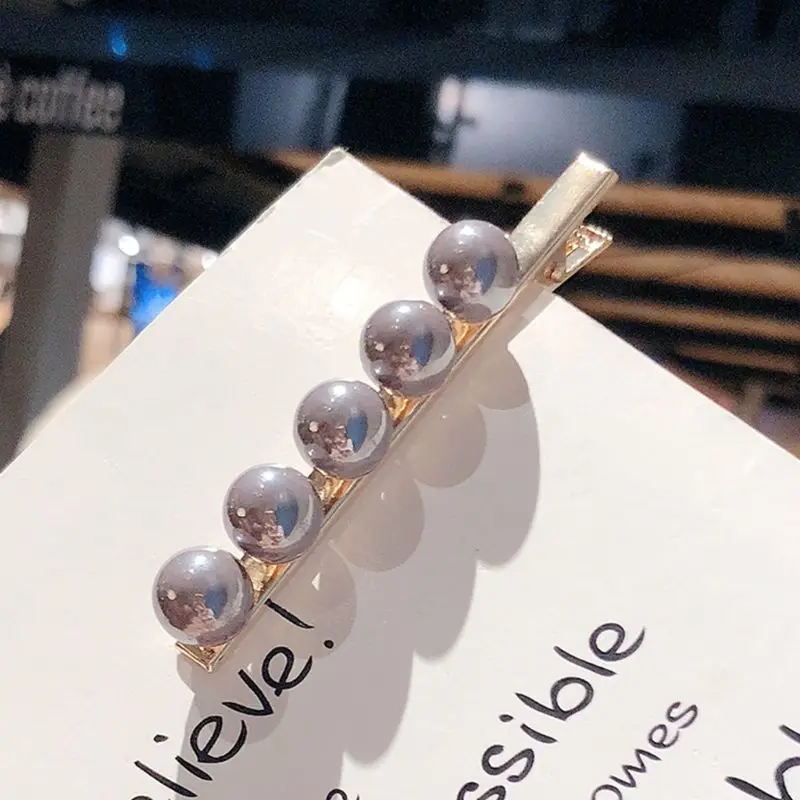 Women Minimalist Style Metal Alloy Straight Duckbill Hair Clips Round Peas Ball Faux Pearl Decor Hairgrips Glitter Metallic Barr