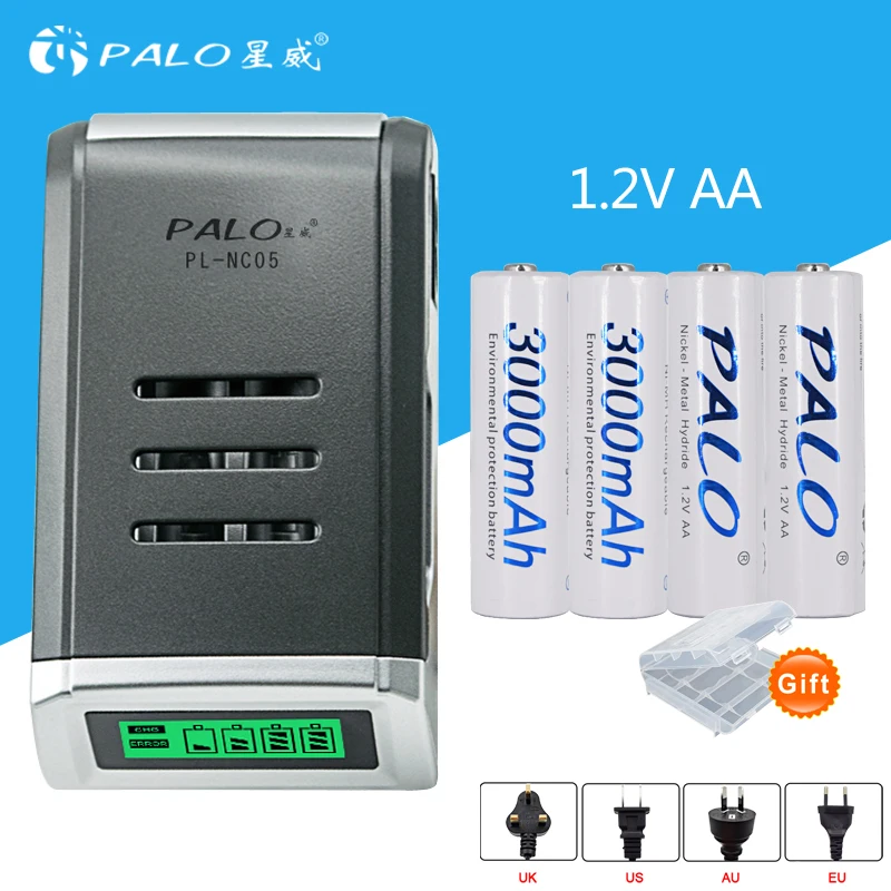 

PALO 4pcs AA rechargeable battery aa ni-mh 1.2v battery 2a battery for camera with LCD display battery charger aa batterycharger