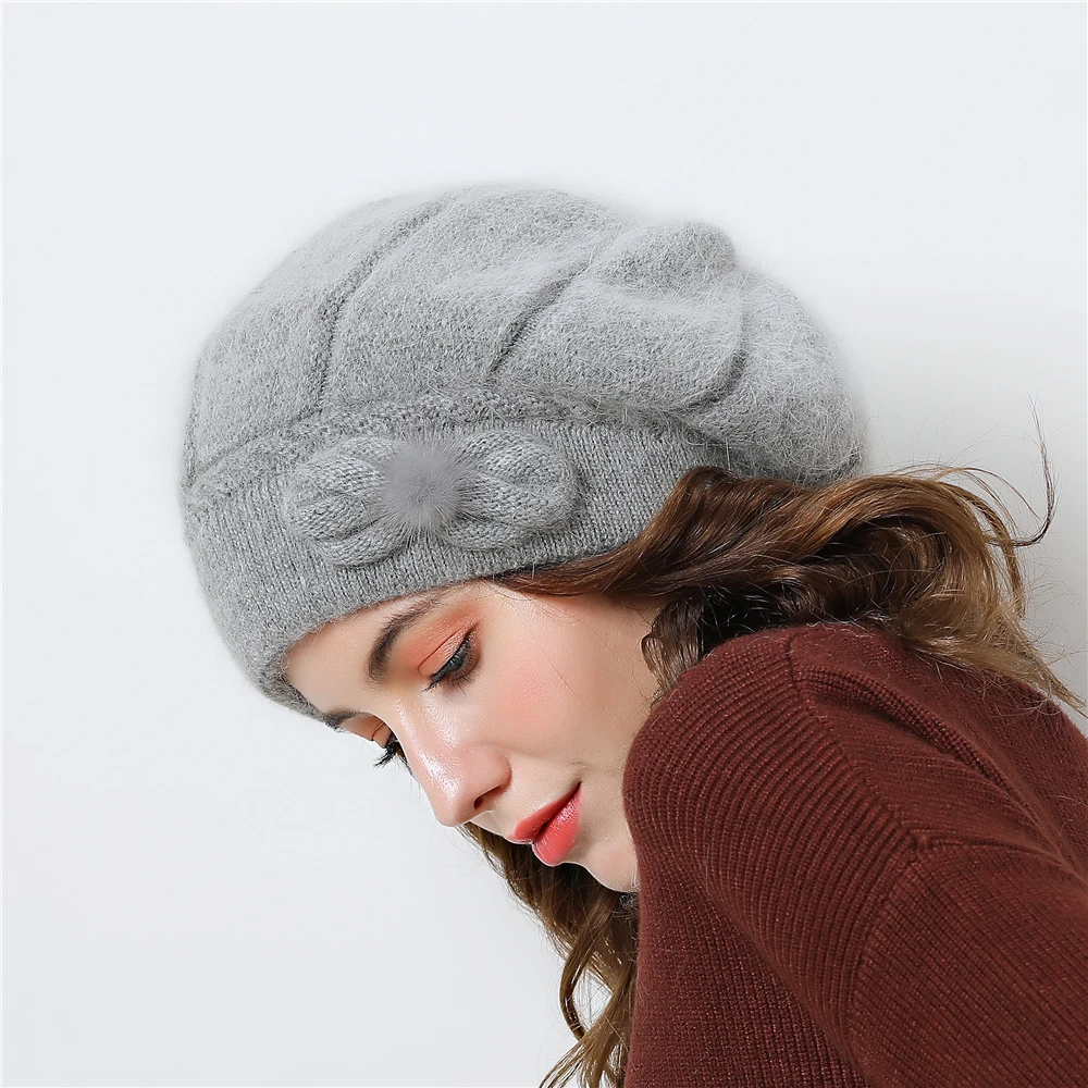 

Double layer design winter hats for women hat rabbit fur warm knitted hat Big flower cap beanies 2018 New Caps