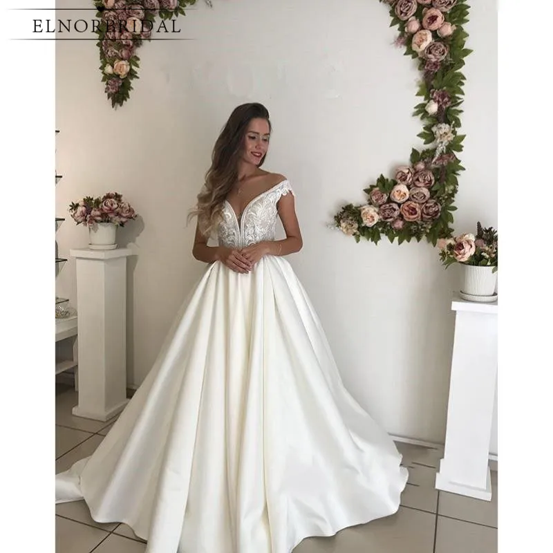 

Elegant Off The Shoulder Wedding Dresses 2019 Sweep Train Vestidos De Novia Lace Satin Bridal Gowns Custom Made Trouwjurk