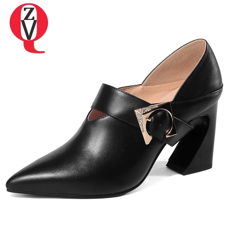 

ZVQ hot sale shoes women spring new fashion sexy genuine leather women pumps 8.5 cm square heels pointed toe buckle ladies shoes