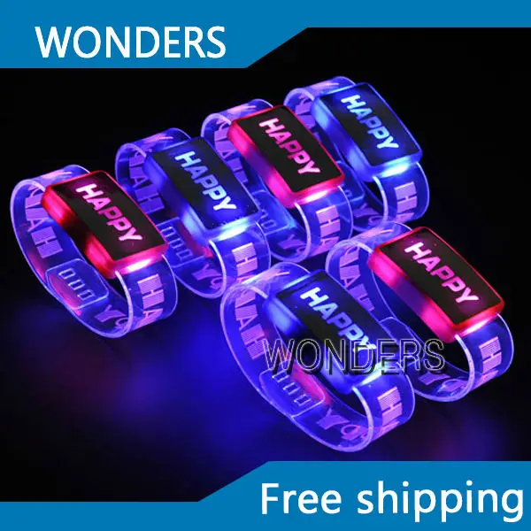 

ree shipping 12 pcs/lot led flashing wristband LED bracelet with happy led bracelet glowing bracelet for party favors