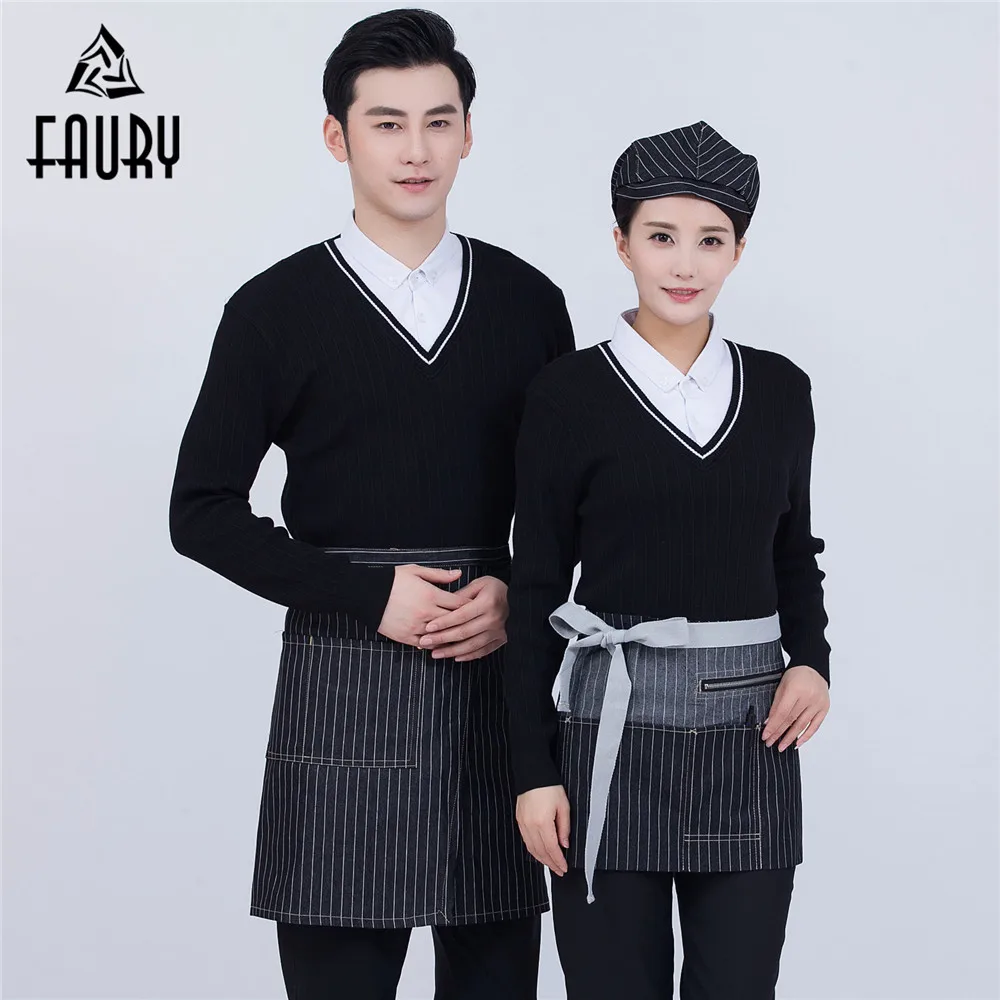 

Stitching Fake Two-Pieces Sweater Long Sleeve V Neck Suit Collar Knitwear Hotel Cafe Food Service Waiter Waitress Work Uniforms