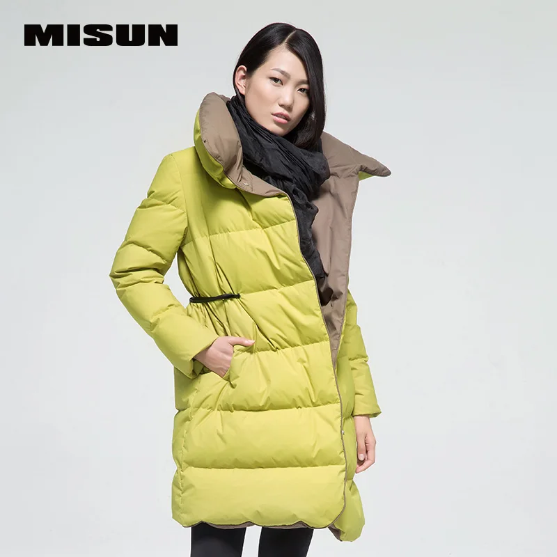 MISUN Girls Winter Jacket 2018 Slim PU Waist Stand Collar Thickening Fabric Wave Cut Patchwork Medium-Long Down Coat MSD-G572