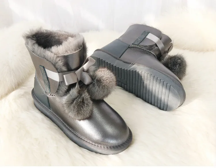 G& Zaco/роскошные ботинки из натуральной овечьей кожи; женская обувь из овечьей шерсти; женские водонепроницаемые зимние ботинки; зимние кожаные ботинки с бантом; обувь с лисьими помпонами