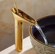 Golden Waterfall Basin Sink Faucet Brass Waterfall Basin Mixer Single Handle Mixer Tap Bathroom Waterfall Kgf057 kemaidi bathroom basin faucet luxury sense faucets oil rubber brushed waterfall mixer single handle hole sink mixers tap new