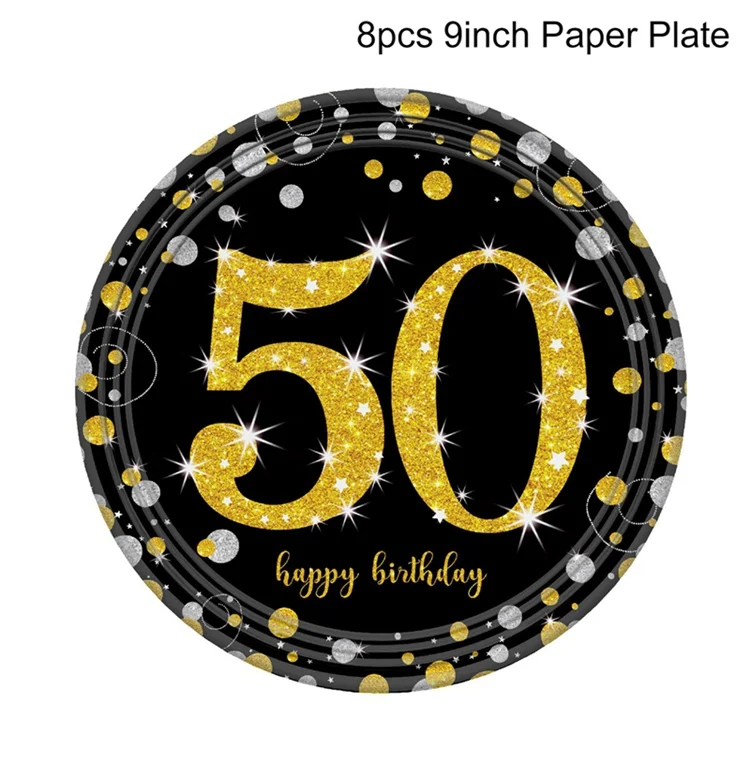 Ура 50 лет черный золотой шар День Рождения 50 лет День рождения украшения для вечеринок товары для взрослых Свадьба юбилей 50 лет - Цвет: 9inch Plate 8pcs