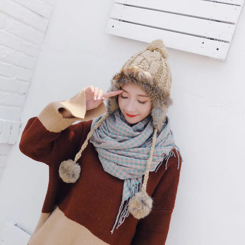 New Korean Fashion Autumn And Winter Rabbit Fur Ball Knit Hats Warm Earmuffs Outdoor Wild Double Thickening Women Hats HC06 (8)