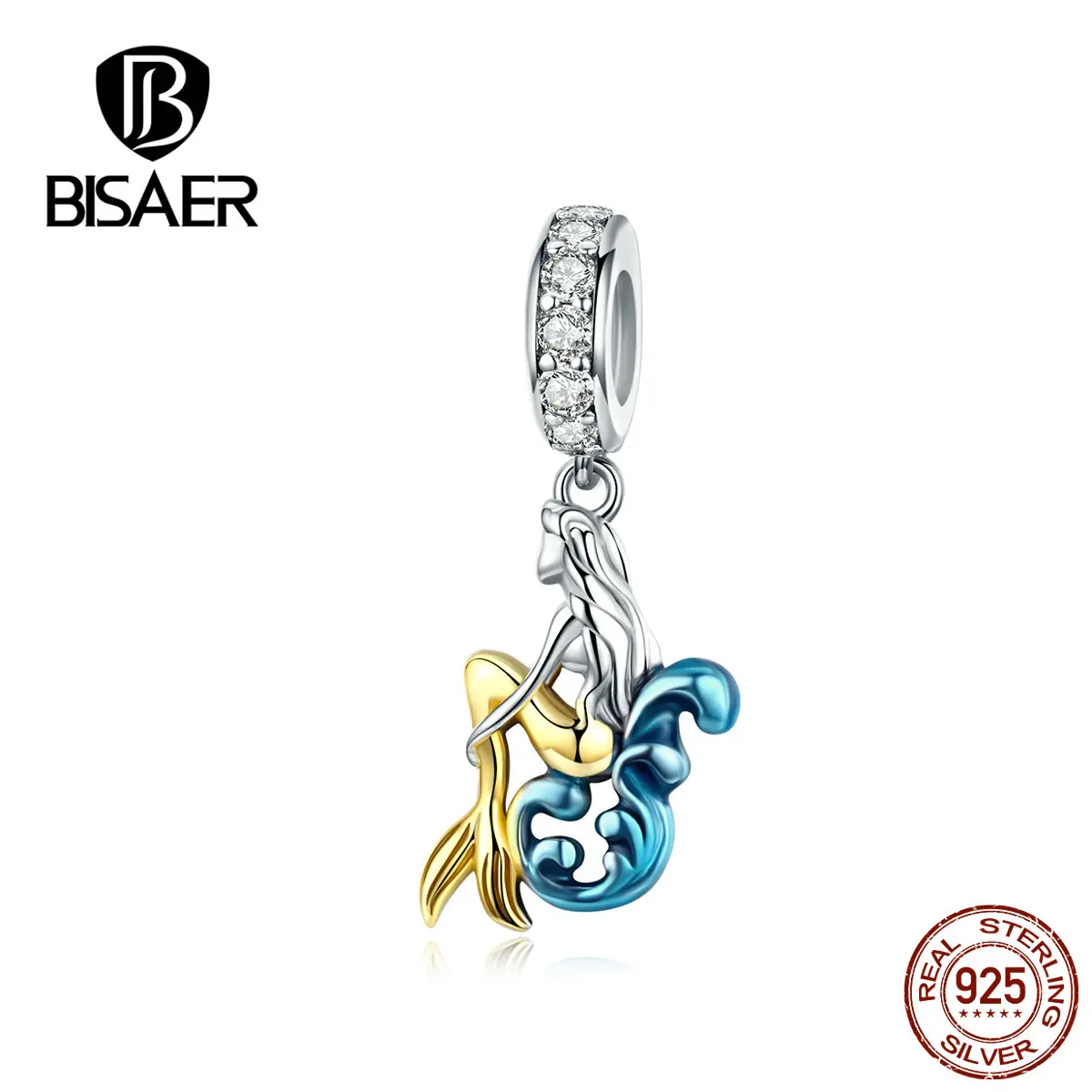 

BISAER 2019 925 Sterling Silver Mermaid Pendants Charms Golden Tail Fit PAN Bracelets & Necklaces Fashion Jewelry GXC1166