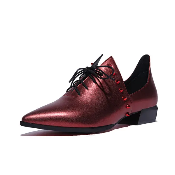 Женские туфли-оксфорды из натуральной кожи на плоской подошве с острым носком; обувь с перфорацией типа «броги» на шнуровке; повседневная обувь; большие размеры 34-42; TN01 muyisxi - Цвет: red