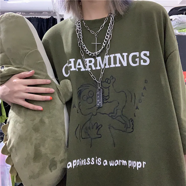 

Summer Womens T-shirts Korean Ulzzang Harajuku Cartoon Letters Printed Army Green Short Sleeve T-shirt For Women Loose Tshirt