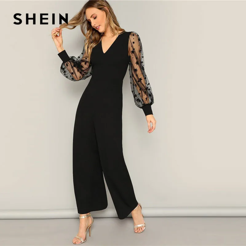 SHEIN Black Contrast Mesh Galaxy Print Sleeve Top And Wide Leg Pants Jumpsuits Women Elegant V neck OL Work Plain Jumpsuit