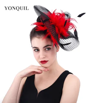 

Fascinators wedding hat feather New Enchanting black red hair accessories bridal mesh headdress for kenducky party headwear