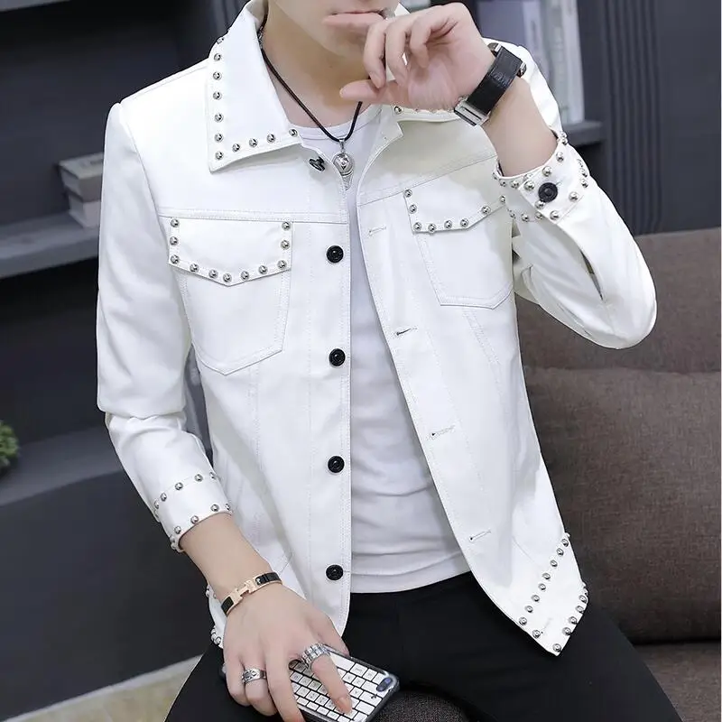 White Men Leather Jacket Spring 2022 New Fashion Black Coat Short Slim Motorcycle Male Clothing | Мужская одежда