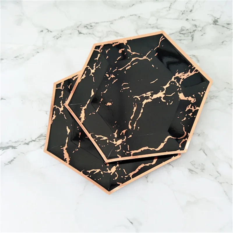 

48pcs Black with Foil Rose Paper Plate Marble Pattern Table Minimalist Dessert Snack Party Tray Jelwery Desk Home Decor
