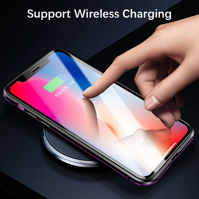 Double sided glass Magnetic case for iphone XS Max X 7 8 Plus Luxury metal 360 degree Full protection cover for iphone 7 8 Xr