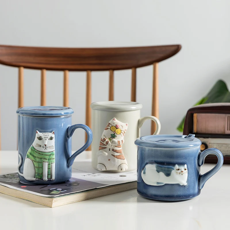 Fun cute cartoon animal ceramic mug Handmade-relief coffee cup | Дом и сад