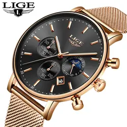 LIGE для мужчин s часы лучший бренд класса люкс розовое золото сетки сталь кварцевые повседневное модные часы для мужчин
