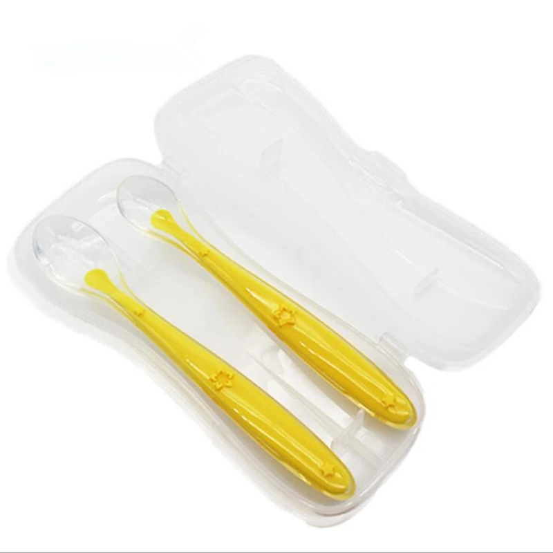 

2pcs+box Baby Silicon Spoon Baby Safety Temperature Heat Sensing Thermal Feeding Spoon Kids Children Flatware Feeding Spoons