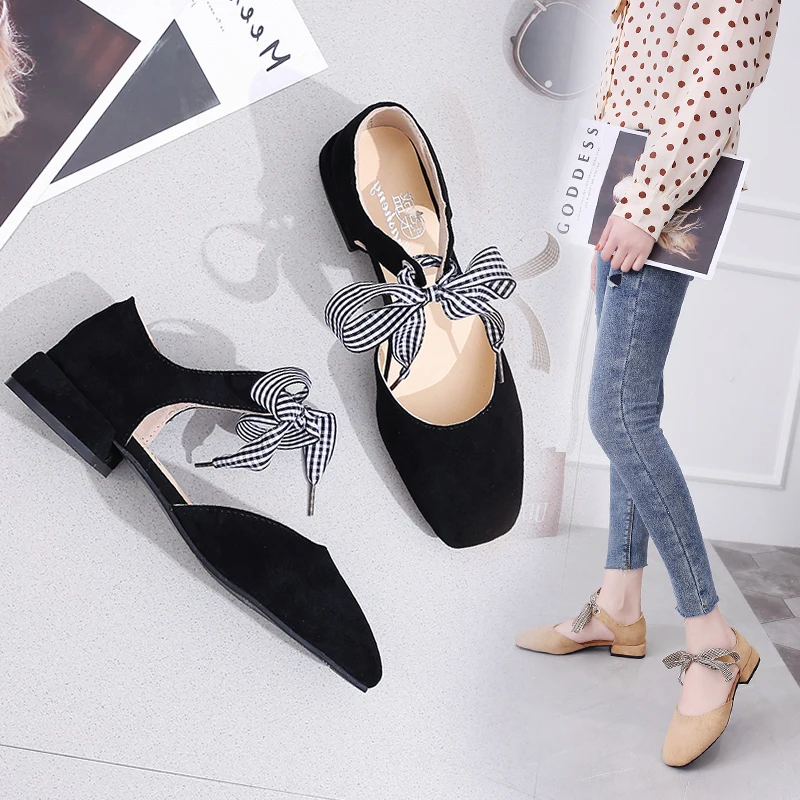 

New 2019 Spring Women Low Heel Elegant Flock shoes Handmade Thick Heel Top qualitySandals Square Toe Girls Gladiator Shoes Woman