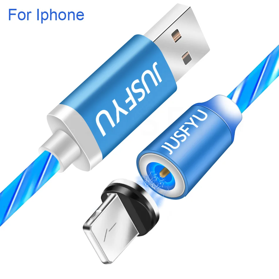 Течёт светящийся Магнитный кабель Micro usb type C адаптер для зарядки телефона Micro usb type-C Магнитный зарядный кабель для iphone samsung - Цвет: Blue for iPhone