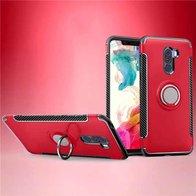 Красный POCOPhone F1 Чехол Броня полная защита кольцо магнетизм держатель ударопрочный TPU+ PC для Xiaomi POCO Phone F 1 чехол задняя оболочка - Цвет: Красный