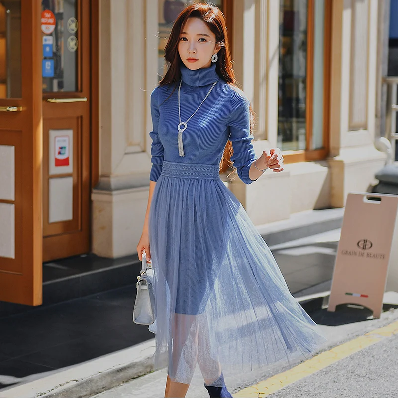 

Dabuwawa Turtleneck Winter Lace Dress Suit Elegant Warn Slim Knitted Dress Fashion Black Friday Dirty Blue Dress D18DSA003