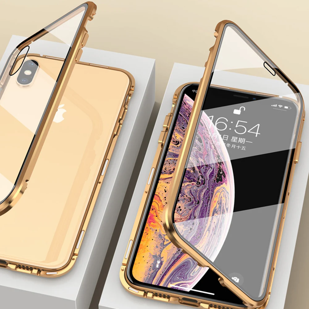 

2019 Luxury Double sided front+back clear glass metal Magnetic case for iphone 7 8 plus X XR XS Max phone case 360 cover coque
