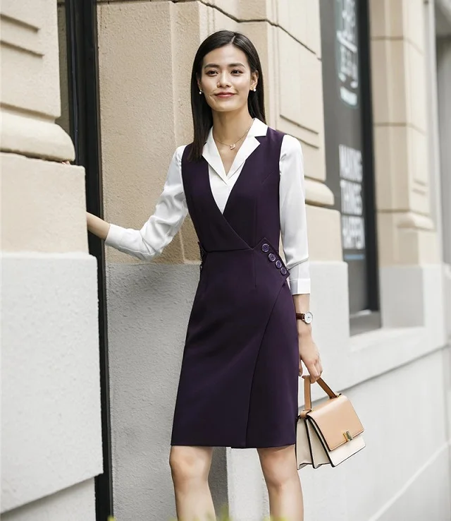Форменный дизайн Новинка Весна Осень Профессиональный Бизнес Рабочий костюм с 2 шт блузками и платьем офисные женские блейзеры наборы - Цвет: Purple