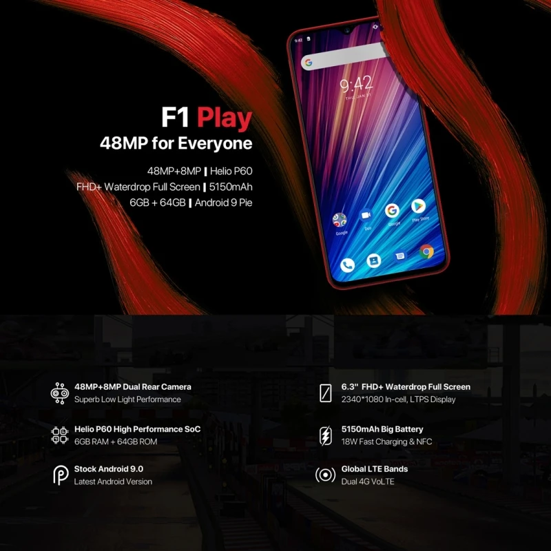 Смартфон UMIDIGI F1 Play Android 9,0, 6,3 дюймов, полный экран, 48MP+ 8MP+ 16MP, 6 ГБ+ 64 ГБ, две sim-карты, 4G, 5150 мАч, мобильный телефон