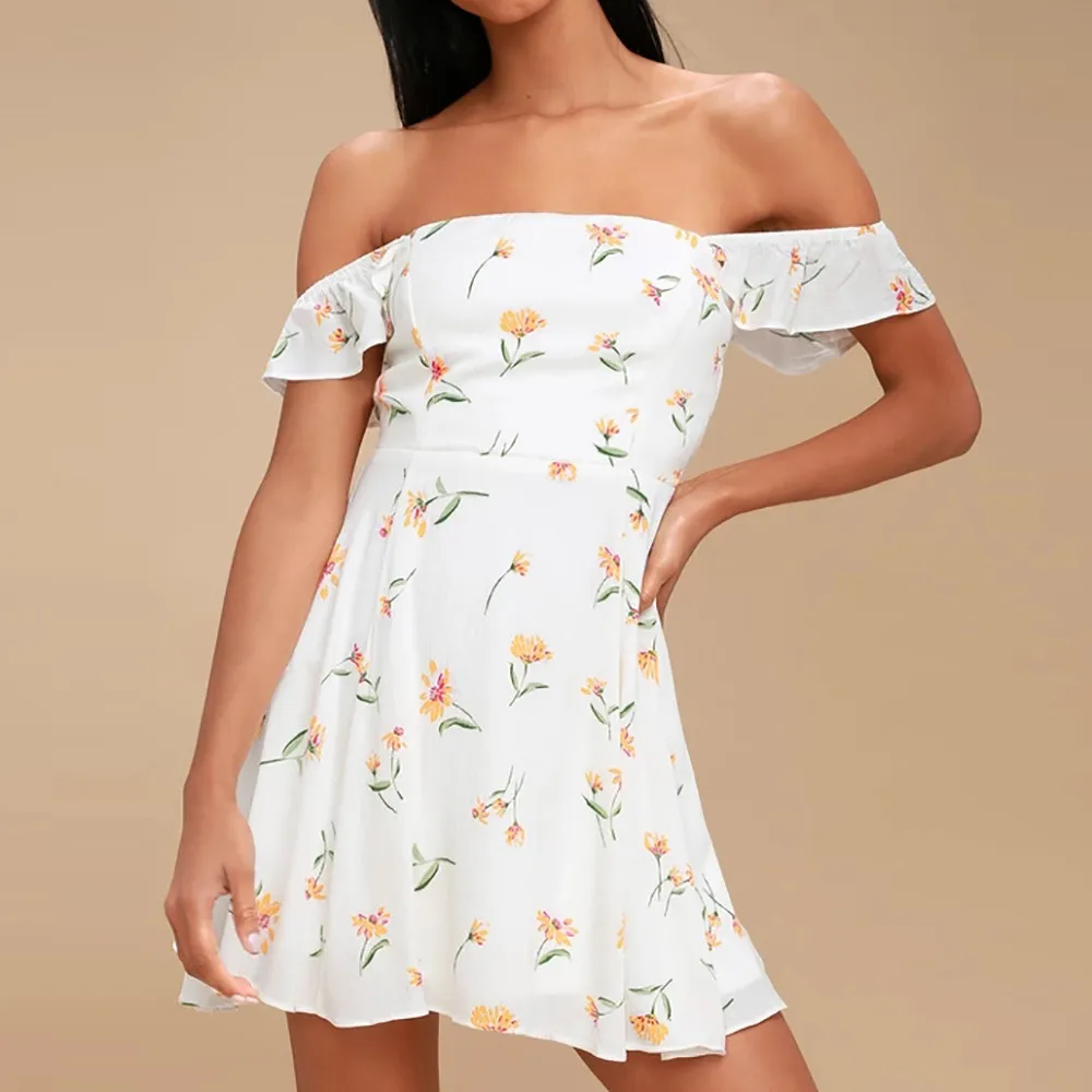 

2019 Hot Womens Floral Print Off Shoulder Cocktail Mini Dress Casual Party Dress Vestido floral de dama Wd4