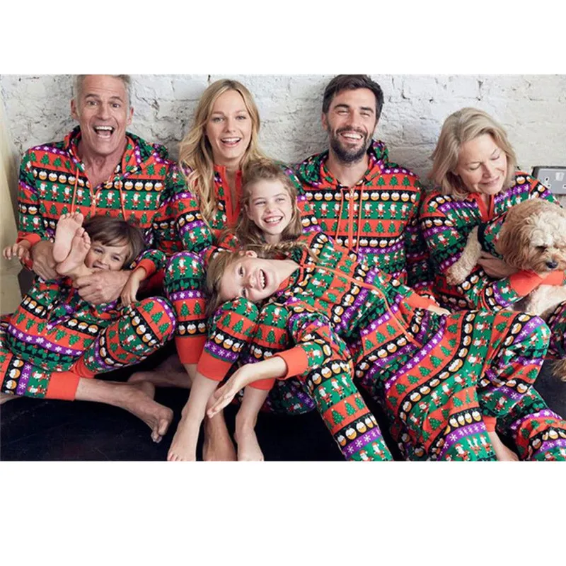 Одинаковые рождественские пижамы для всей семьи; комбинезон для женщин, мужчин и детей; Красная рождественская одежда для сна с принтом; одежда для сна на молнии с капюшоном