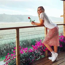 Летние шелковые миди юбки Милая женская юбка с принтом сердца