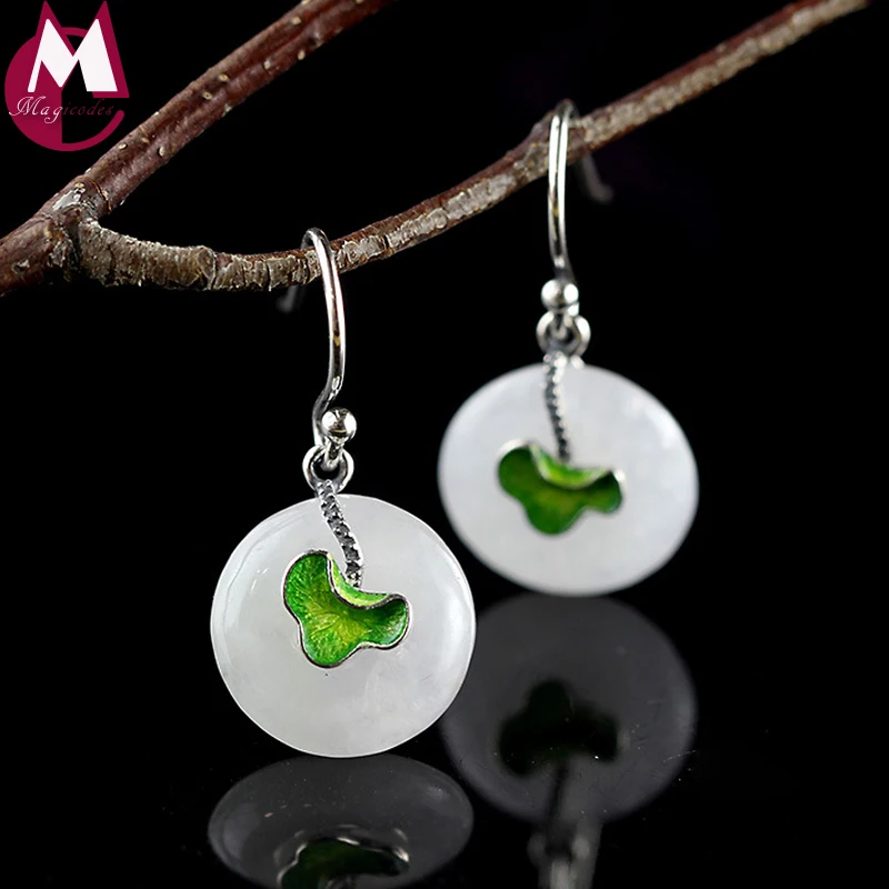 

Round 14mm White Jade Design Enamel Green Blue Lotus Leaves Genuine 925 Sterling Silver Jewelry Wedding Earrings 2018 New Gift
