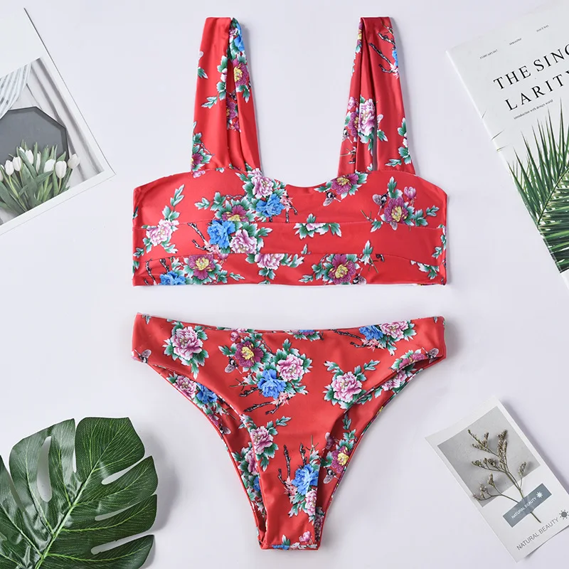 

Roseheart Summer Red Sexy Bikini Sets Women Swimsuit Bikini Strapless Swimwear Low Waist Bathing Suit Female Flower Printed